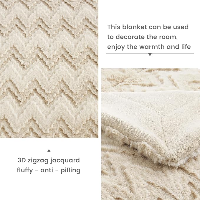 Cozy Bliss Faux Fur Textured Throw Blanket for Bed Super Soft Fuzzy Couch Blanket Gift for Women Premium 3D Ribbed Jacquard All Season Use Khaki Beige Zigzag 60"*80"