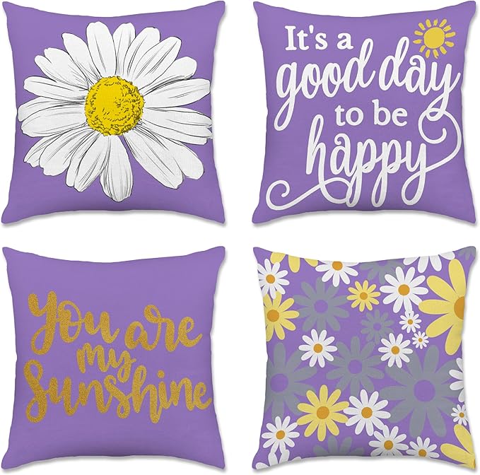 Hexagram Spring Summer Pillow Covers 18x18 Set of 4, Outdoor Floral Daisy Decorative Purple Throw Pillow Covers, You are My Sunshine Farmhouse Cushion Case for Couch Sofa Indoor Home Decor(No Insert)