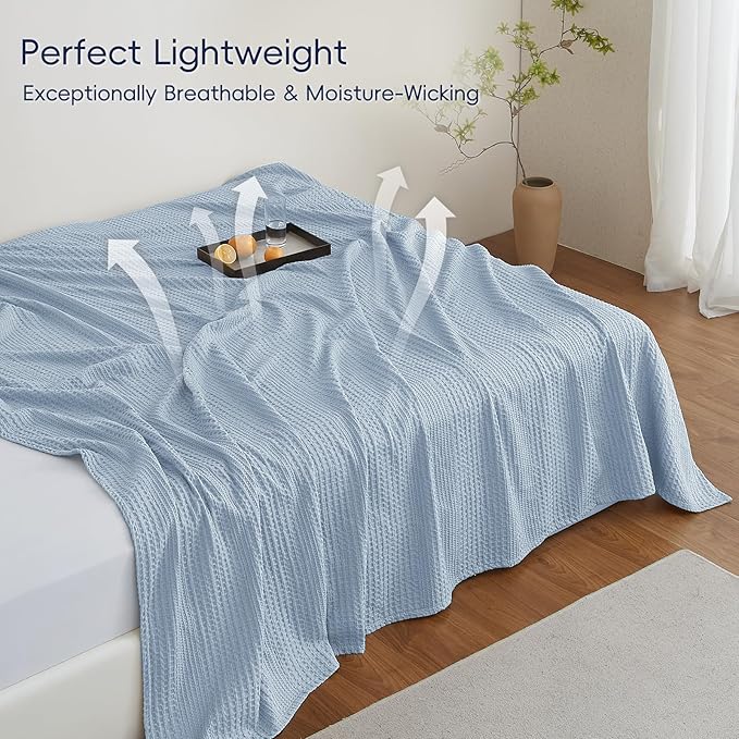 PHF Lightweight Waffle Weave Blanket King Size, Breathable & Ultra Soft, 104"x 90" Soft & Cozy Thin Blanket for All Season & Hot Sleepers, Bed, Home Decor - Sky Blue