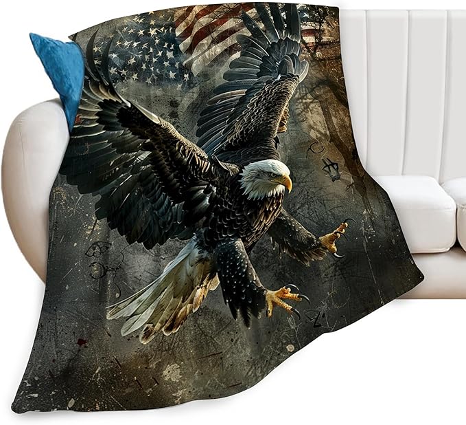American Eagle Bald Eagle Throw Blanket - Soft, Warm & Cozy Fleece for Couch, Sofa, Bed - 50"x40" - Flag Pattern - Unisex Adults & Kids