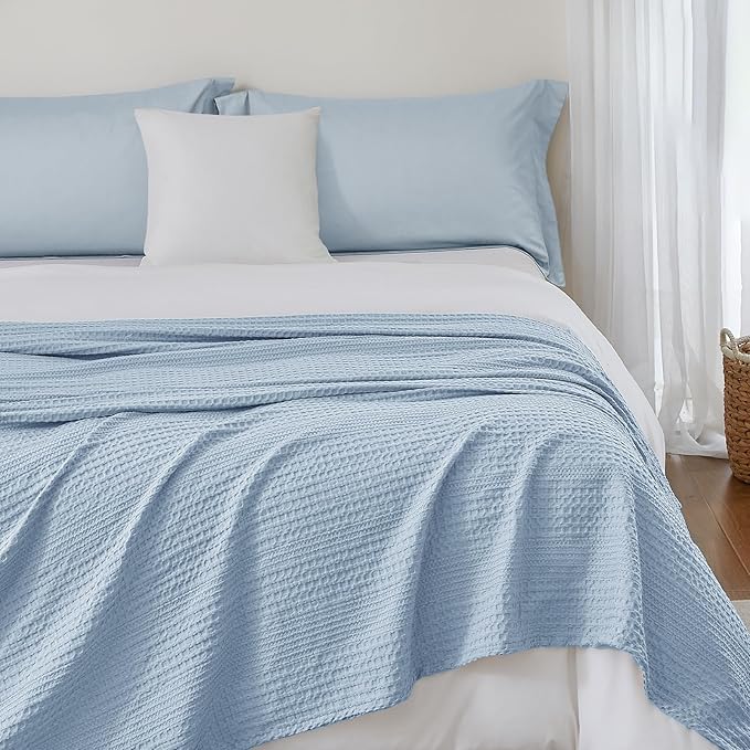 PHF Lightweight Waffle Weave Blanket Queen Size, Breathable & Ultra Soft, 90"x 90" Soft & Cozy Thin Blanket for All Season & Hot Sleepers, Bed, Home Decor - Sky Blue
