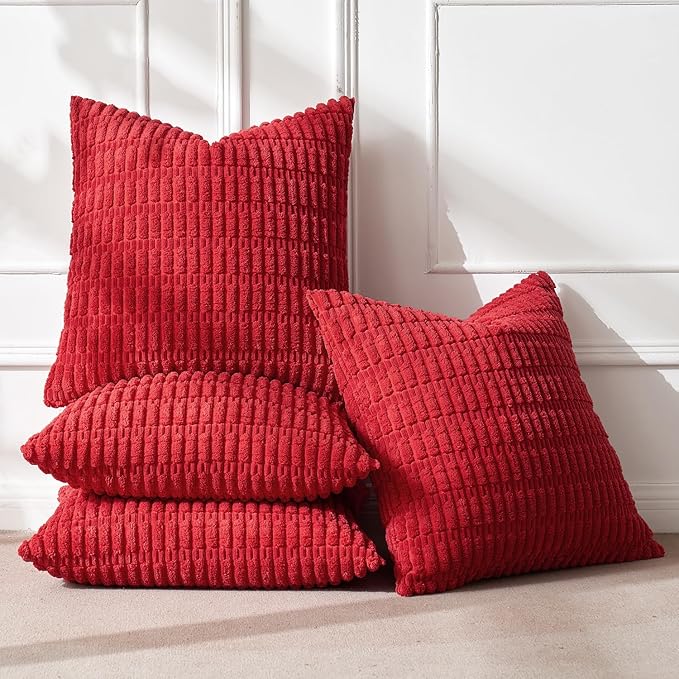 MIULEE Pack of 4 Christmas Red Corduroy Decorative Throw Pillow Covers 20x20 Inch Soft Boho Striped Pillow Covers Modern Farmhouse Home Decor for Sofa Living Room Couch Bed
