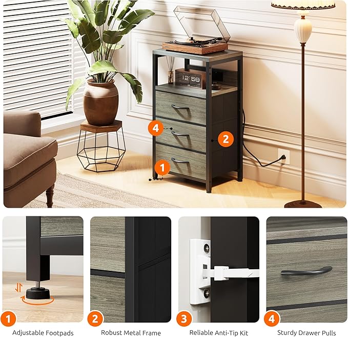 NightStand Bedside Charging Table Bedroom - Night Stand with Charger Station, Modern Nightstand with Open Shelf & 3 Fabric Drawers, End Table with USB-C USB Ports & AC Outlets for Dorm, Grey