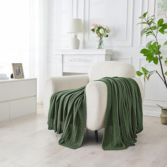 Douceur Christmas Green Throw Blanket for Bed, Soft Cozy Lightweight Stripe Pattern Knitted Throw Blanket for Sofa, Living Room Gift, 50"X60"
