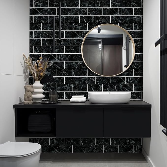 HLNIUC 16-Sheet Black Marble Wall Tiles, 8'x4', Peel And Stick, Waterproof, PVC Self Adhesive, Kitchen & Bathroom Backsplash