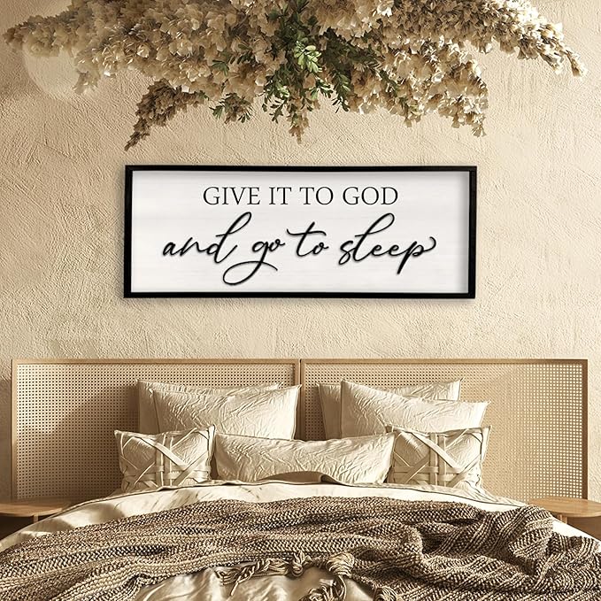 Give it to God and Go to Sleep Sign Wall Decor Wood Frame 40" X 15" Master Bedroom Above Bed Large Rustic Farmhouse Hanging Over Bed Wall Art Guest Room Decoration (Black)