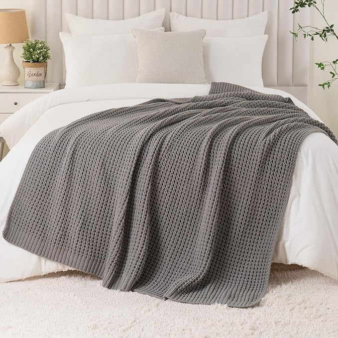 Bunnikins & Clover Grey Throw Blanket for Couch Bed Sofa, Waffle Knit Grey Blanket for Women Mothers Birthday Gifts, 60"x80"