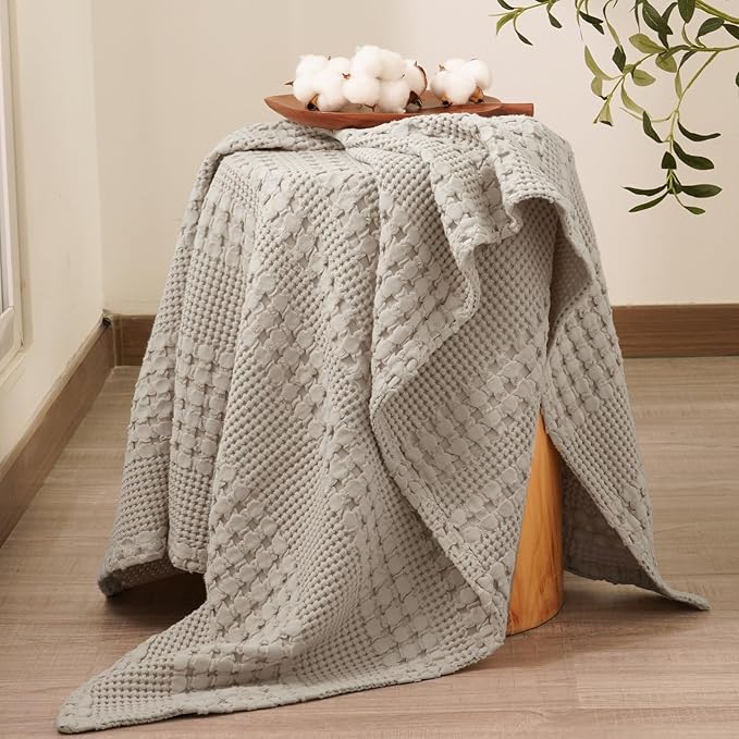 PHF 100% Cotton Waffle Weave Throw Blanket, Soft Lightweight Breathable Cozy Throws for Couch Bed Sofa, Luxury Aesthetic Blanket Gift for Home Decor & Office, 50"x60", Pearl Gray