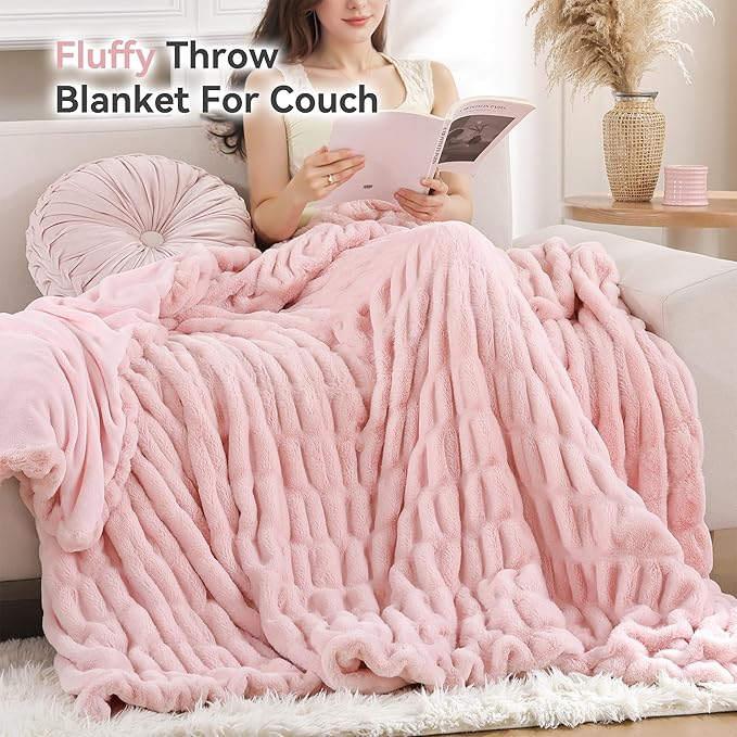 Smoofy Blush Pink Throw Blanket for Couch – Ultra Soft Cozy Plush Fluffy Blanket with Faux Rabbit Fur, Fuzzy Lightweight Fleece for Sofa, Bed & Office, Gift for Women, Home Room Decor Throw 50"x60"