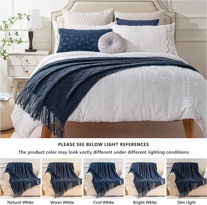BATTILO HOME Navy Blue Throw Blanket with Fringe, Geometric Bed Blue Throws, Spring Decorative Large Throw for Couch Sofa Indoor Outdoor, 52"x80"