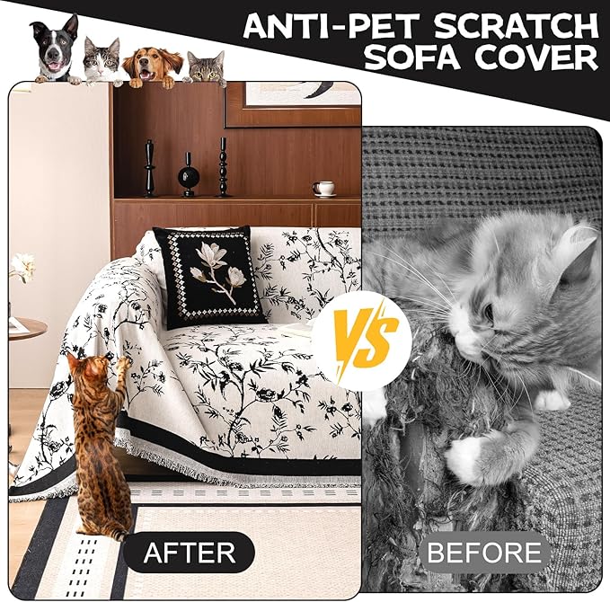 HANDONTIME Couch Cover for Dogs Washable Bird Floral Pattern Slipcovers for Couches and Sofas White Sofa Covers with Black Jacquard Flower Chenille Couch Cover Blanket Pet Friendly, 71" X 134"