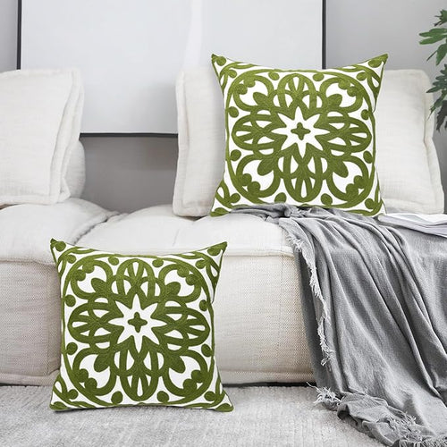 Alysheer Floral Embroidered Spring Decorative Throw Pillow Cover 18"x 18" Set of 2, Boho Farmhouse Embroidery Patterned Green Cushion Case for Sofa Couch Living Room Bedroom Outdoor