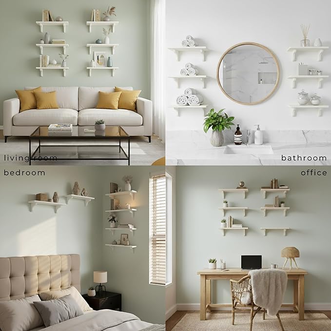 Willowy Real Wood White Bedroom Shelves - 17 inch (6 Pack) - Easy to Install, Template and Video Included - Shelves for Wall, Estantes para Cuartos, White Shelf, Long Wall Shelf