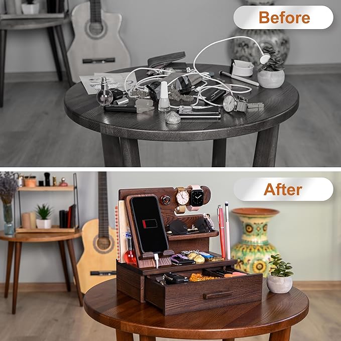 TESLYAR Wood Phone Docking Station with Drawer - Nightstand Organizer - Desk Organizer for Husband - Birthday Gifts for Men, Dad, Anniversary Idea, Key Holder Stand Watch & Accessories (Bourbon Brown)