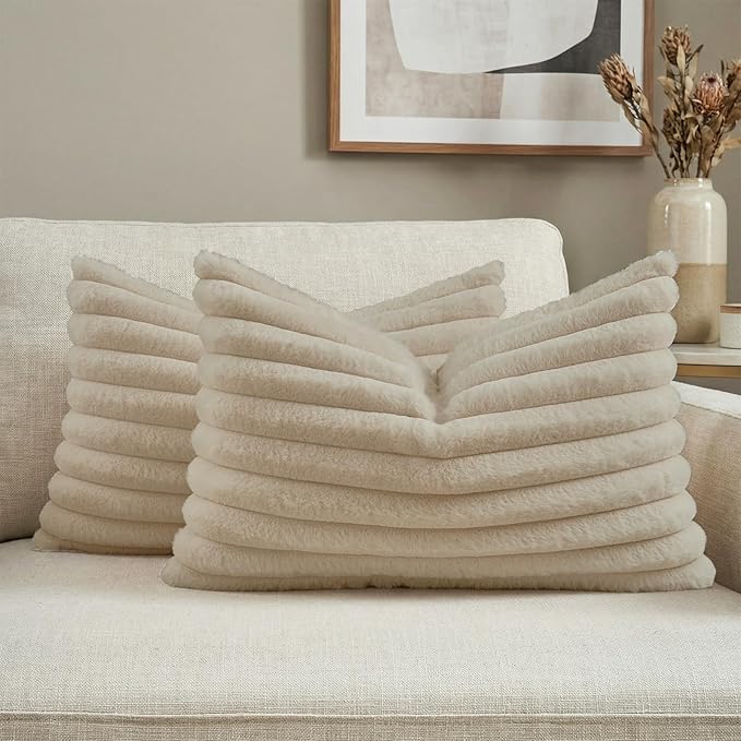 FUTEI Beige Decorative Throw Pillow Covers Set of 2, 12x20 Inch Soft Fluffy Faux Fur Plush Striped Lumbar Pillowcases, Modern Home Decor for Couch Bed Living Room