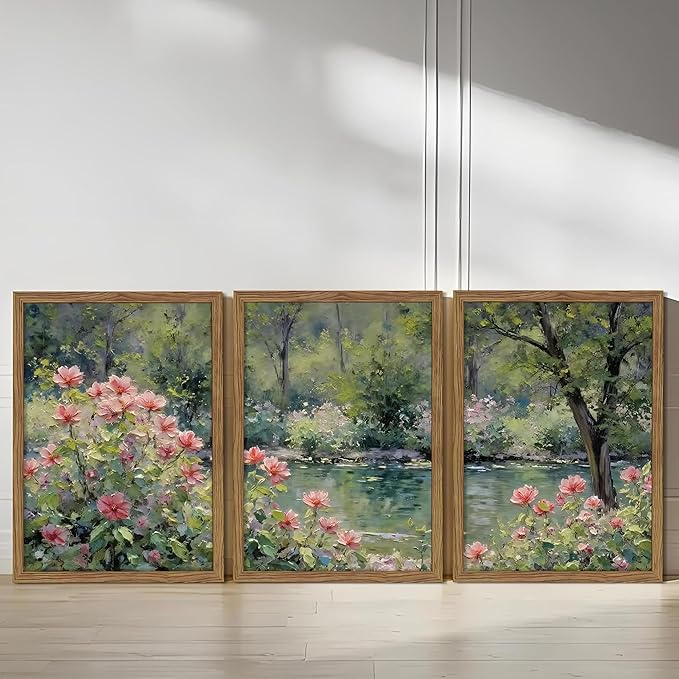 Framed Monet Wall Art Set of 3, Impressionist Botanical Floral Canvas Wall Decor, Vintage Cottagecore Artwork Paintings, Nature Landscape Flowers Prints Pictures for Living Room Bedroom 12x16 Inch