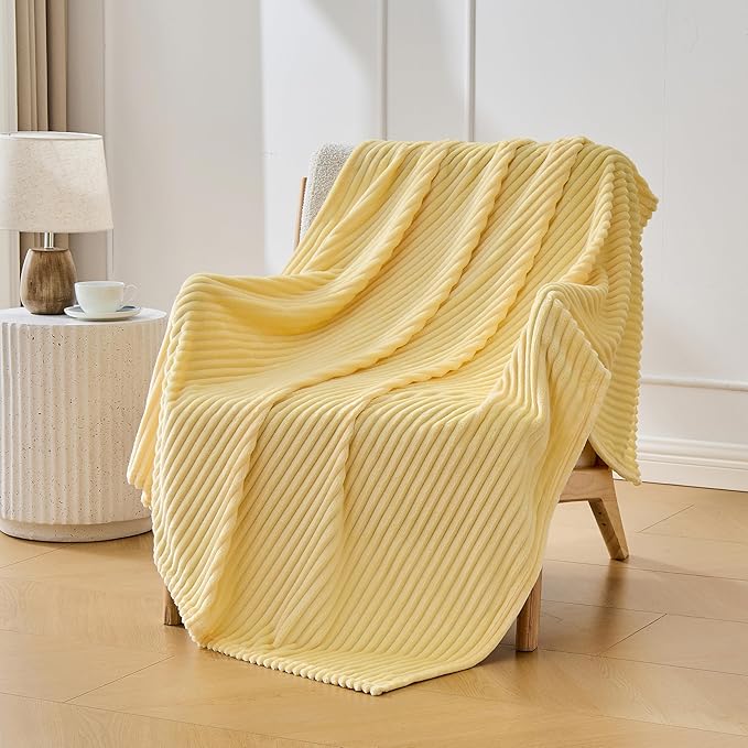 Bnuitland Light Yellow Fleece Throw Blanket for Couch, 300GSM Soft Warm Cozy Fluffy Throw for Adults & Kids, Stripe Pattern 50"x70", All Season Sofa Bed Blanket for Home Decor