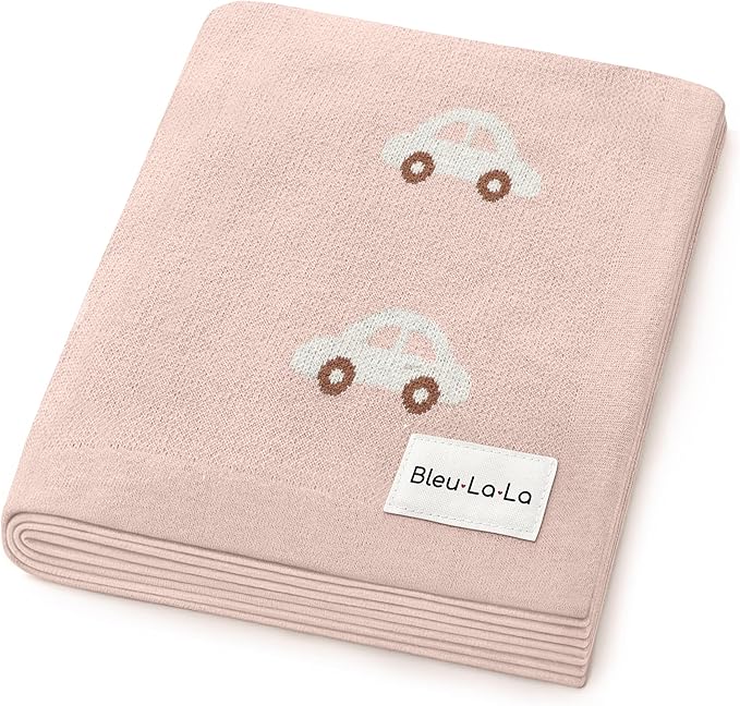 Knit Baby Blanket for Girls and Boys 100% Cotton Buttery Soft Cozy Receiving Swaddle Crib Stroller Blanket for Shower Gift Registry for Newborns, Infants, Toddlers (Cars - Pink)
