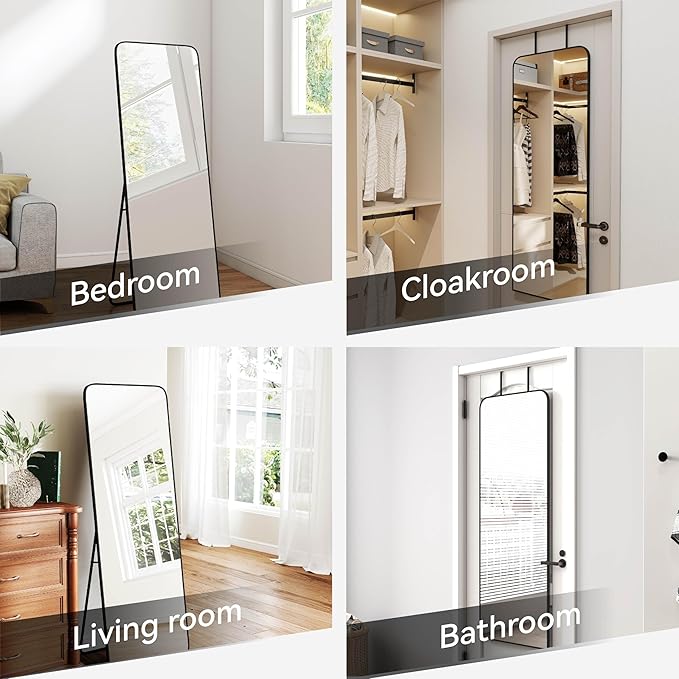 57x20 Door Hanging Full Length Mirror, Floor (Height 5.7ft just Body in 1.3ft) or Wall Mounted Metal Frame Rectangle Dressing Mirrors for Bedroom Bathroom Living Room 57 inch Black