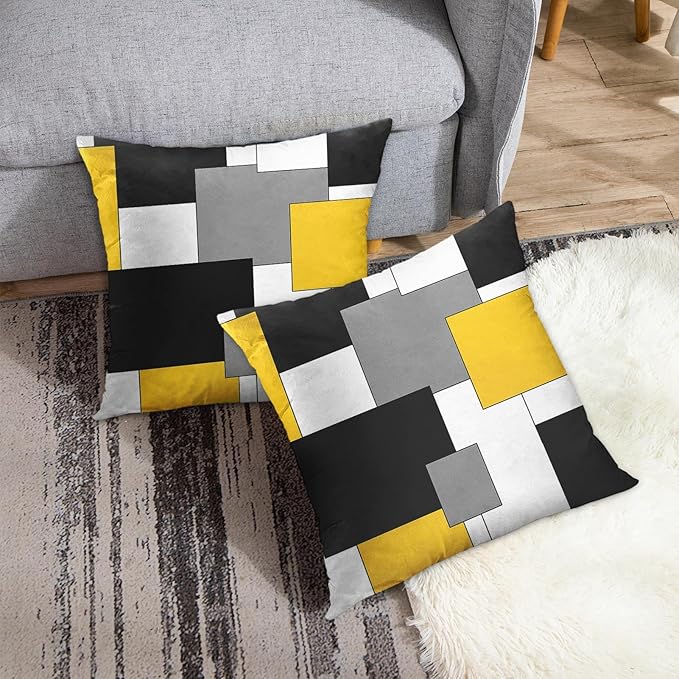 Emvency Set of 2 Yellow Geometric Throw Pillow Covers Black Grey White Painting Abstract Checkered Design Decorative Pillow Case Modern Home Decor Standard Square 18x18 Inch Cushion Pillowcase