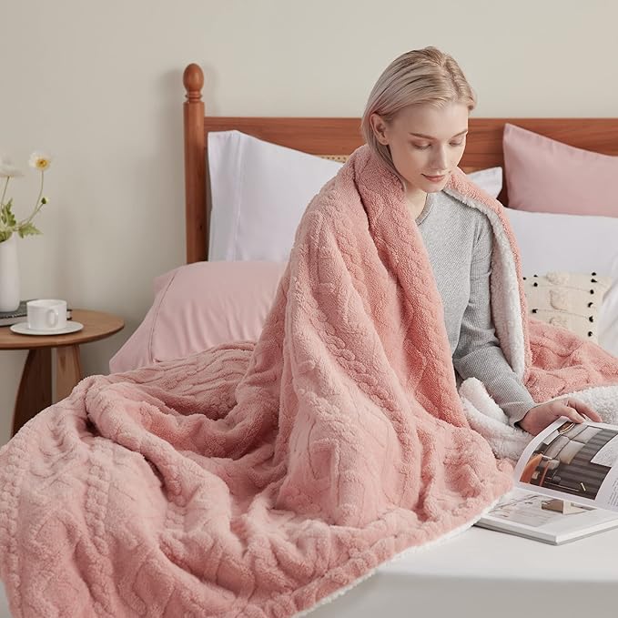 Bedsure Gentlesoft Sherpa Fleece Throw Blanket for Couch - Fluffy & Cozy Cable Jacquard Tufted Throw for Women Gift and Valentine Decor, Thick and Warm Blanket for Winter, Pink, 60x80 Inches