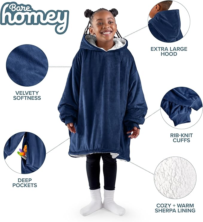 Bare Home Wearable Blanket Hoodie - Soft Plush Sherpa - Warm and Cozy - Oversized Wearable Blanket - Adult & Kid Sizes