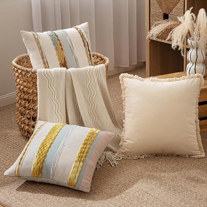 ANRODUO Pack of 2 Boho Decorative Throw Pillow Covers 24x24 Farmhouse Cushion Case Striped Chenille Pillow Cases Square Pillow Covers Accent Neutral Pillowcase for Sofa Couch Bed, Blue-Earth Tones