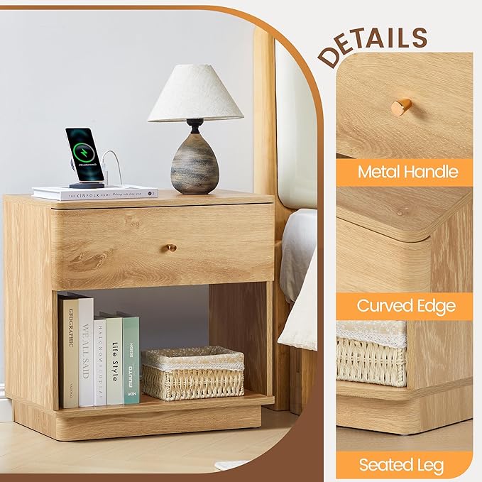 Modern Night Stand with Charging Station for Bedroom, Nightstand Bedside Table with Drawer and Storage Shelf for Bedroom (Natural-Charging Station-1 pc)