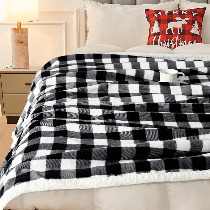 BEAUTEX Sherpa Fleece Blanket Twin Size, Super Soft Warm Buffalo Plaid Plush Gig Blankets, Lightweight Cozy Fuzzy Blanket for Couch Sofa Bed (Black, 60" x 80")