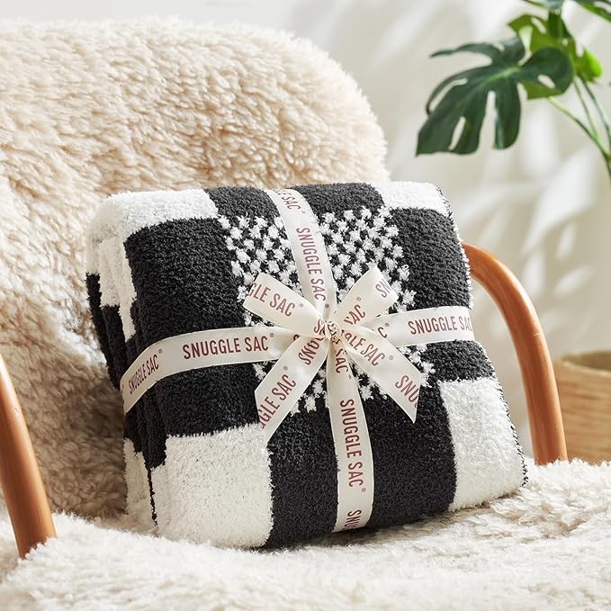 Snuggle Sac Checkered Blanket, Black White Throw Blanket for Couch Plaid Microfiber Fluffy Warm Fuzzy Cozy Soft Throw Blanket Reversible Checkerered Blankets for Sofa, Chair, Bed, Twin(60"x80")