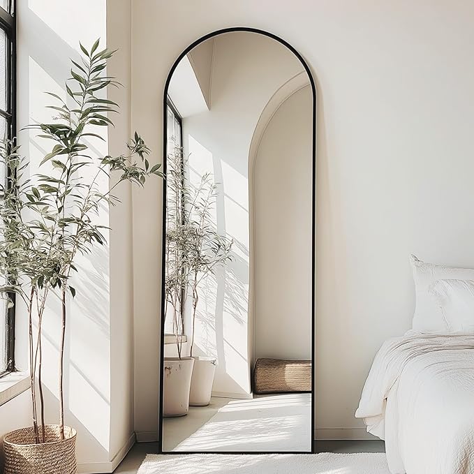 NEWBULIG Arched Full Length Mirror 71.1"x25" for Bedroom, Full Body Mirror with Stand, Hanging or Leaning for Wall, Aluminum Alloy Thin Frame Floor Standing for Living Room, Long, Deep Black