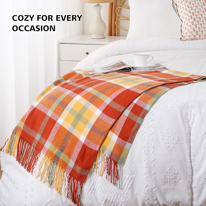 BATTILO HOME Fall Blanket Throw for Couch, Orange Plaid Throw Blankts, Burnt Orange Throw Blankets Farmhouse Style, Super Soft Decorative Multicolor Throw for Fall Decoration 50"x60"
