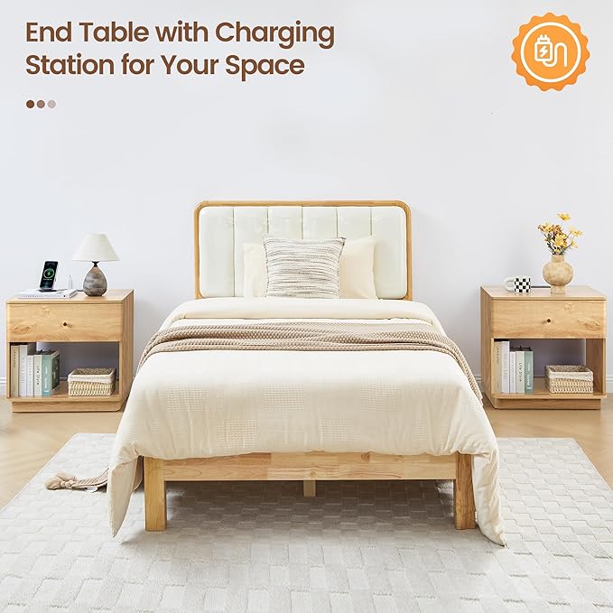 Modern Night Stand with Charging Station for Bedroom, Nightstand Bedside Table with Drawer and Storage Shelf for Bedroom (Natural-Charging Station-1 pc)
