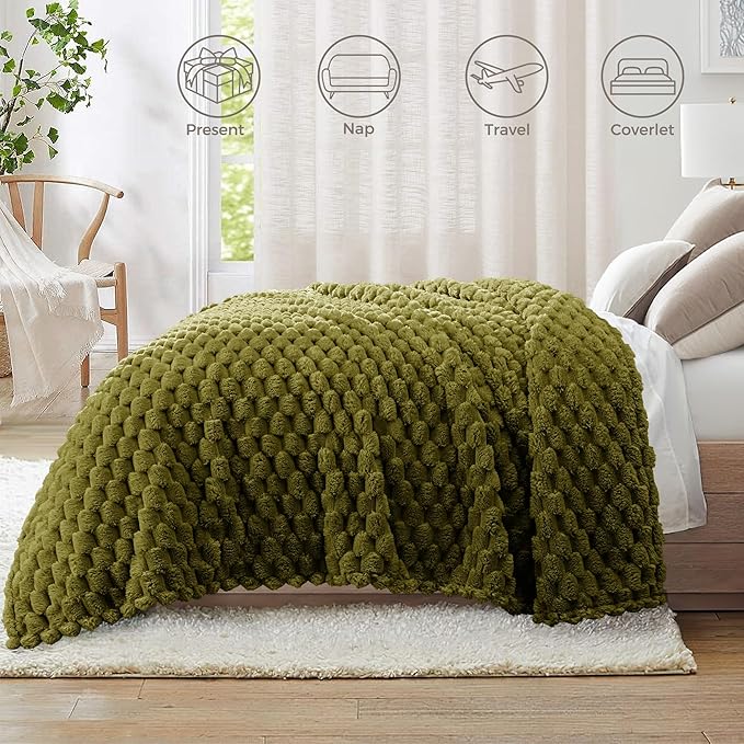 Whale Flotilla Twin Size Blanket for Bed with Jacquard Pattern, Fuzzy Soft Cozy Exquisite Blankets for All Season, Warm and Fluffy, 60x80 Inch, Olive