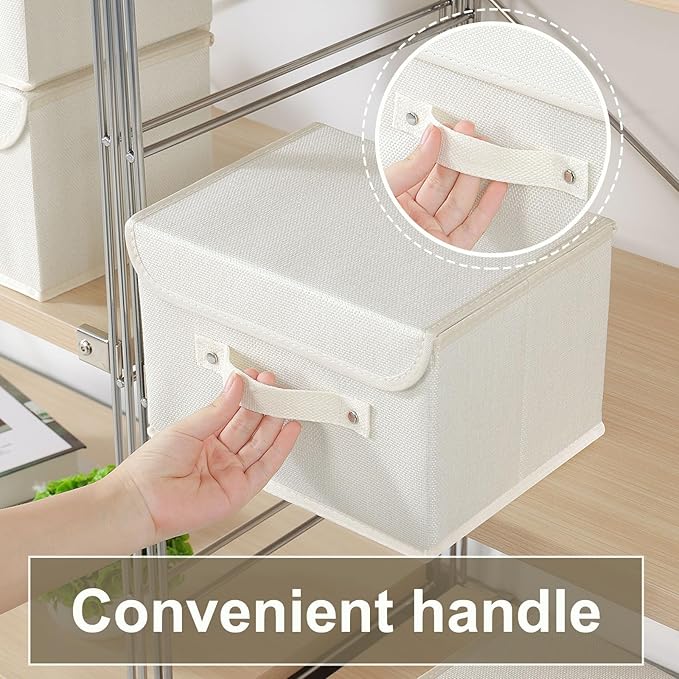 Storage Boxes, Collapsible Storage Bins with Lids, Cotton and linen cloth Storage Baskets with Handle, for Books, Closet, Bedroom, Home, 10.2x7.9x6.7 in, Beige