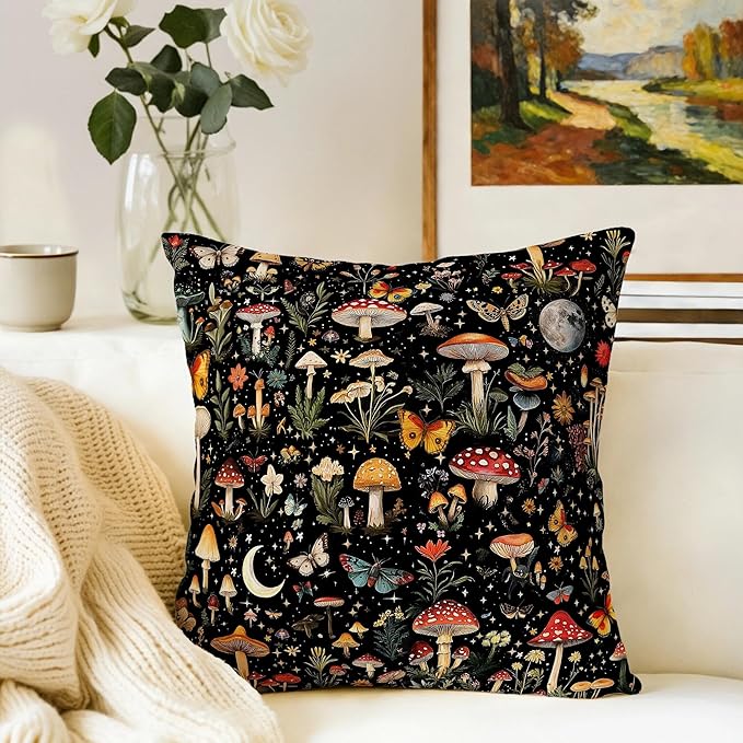 2 Pack Boho Mushroom Throw Pillows Covers 18x18 Inch, Black Witchy Pillow Cases for Couch Living Room Sofa Bedroom, Cute Mushroom Gifts for Witchy Lovers, Rustic Pillowcase Cushion Covers, Home Decor