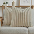 FUTEI Beige Decorative Throw Pillow Covers Set of 2, 20x20 Inch Soft Fluffy Faux Fur Plush Striped Cushion Cases, Modern Home Decor for Couch Bed Living Room