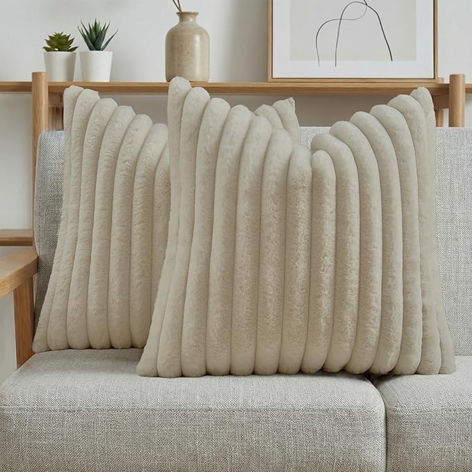 FUTEI Beige Decorative Throw Pillow Covers Set of 2, 18x18 Inch Soft Fluffy Faux Fur Plush Striped Cushion Cases, Modern Home Decor for Couch Bed Living Room