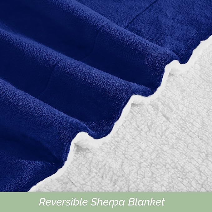 Elegant Comfort Ultra Soft Reversible Flannel Sherpa Blanket - Cozy Silky Fleece Throw for Couch, Bed - Plush Fuzzy Warm Winter Blanket for Gift, Full, Royal Blue