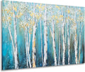 Yihui Arts Birch Tree Canvas Wall Art Hand Painted Teal and White Color Painting with Gold Foil Modern Forest Pictures for Living Room Bedroom Office Decoration