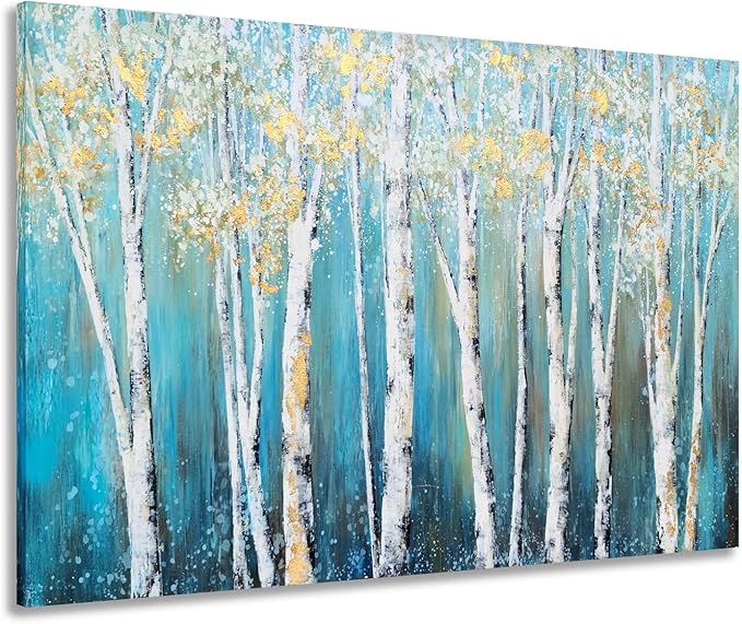 Yihui Arts Landscape Canvas Print Artwork: Teal Winter Forest Painting Wall Art for Office or Living Rooms Decoration