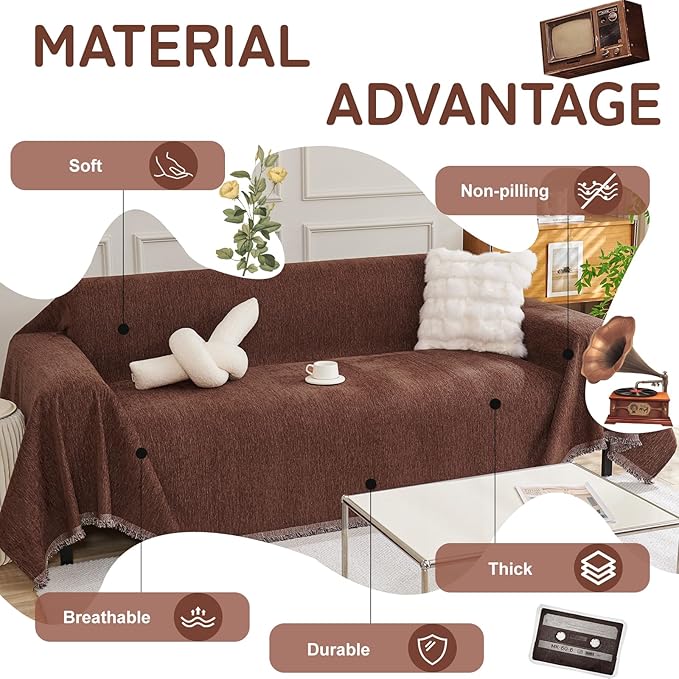 HANDONTIME Chocolate Couch Covers for Sofa Couch Slipcover with Non-Knot Tassels Washable Sofa Protector for Dogs Chenille Couch Covers for 3 Cushion Couch Pet Friendly Durable Slipcover, 71"x134"