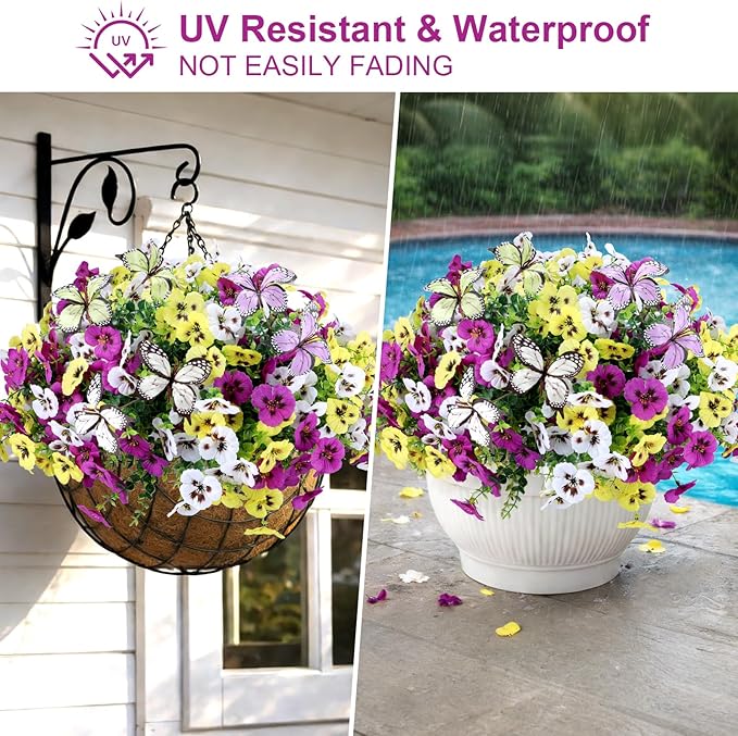 Artificial Flowers for Outdoor, 18 Bundles UV Resistant Faux Silk Pansy Flowers with Butterfly Accents, Realistic Fake Plants for Planters, Window Boxes & Grave Decor, 15 Bundles + 3 Butterflies
