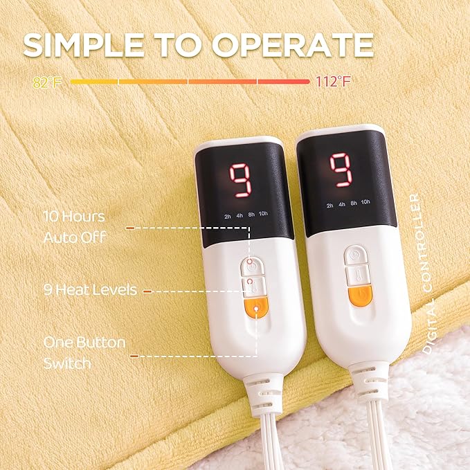 Heated Blanket Queen Size - Dual Controllers Electric Blanket Queen with 9 Heat Settings & 10 Hour Auto Off,Overheat Protection,Machine Washable 84"x90"(Cheesy Yellow)