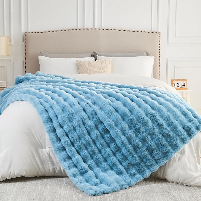 NEWCOSPLAY Faux Fur Throw Blanket Blue Luxury Fluffy Thick Warm Bubble Blanket for Couch Sofa Bed 1000GSM (Blue Bubble Thick, Throw(50"x60"))