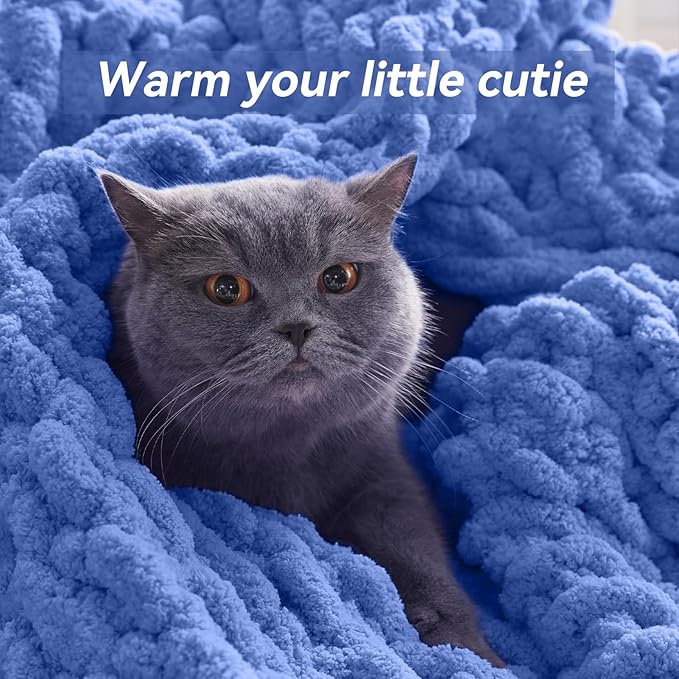 Chunky Knit Throw Blanket, 80''*90'' Knitted Throw Chenille Yarn for Bed Couch, Handmade Light Blue Crochet Big Thick Blanket, Machine Washable Cute Comfy Blanket for Home Decor
