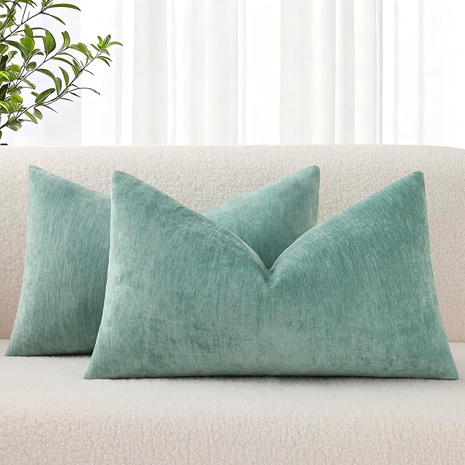 decorUhome Chenille Aqua Haze Throw Pillow Covers 12x20 Inch Set of 2, Decorative Soft Couch Pillow Covers Solid Dyed Accent Farmhouse Neutral Rectangle Pillow Cases for Sofa