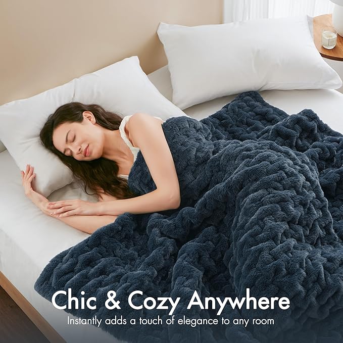 Madison Park Ruched Luxury Throw Premium Soft Cozy Brushed Long Faux Fur For Bed, Couch or Sofa, 50"x60", Slate Blue