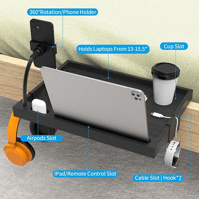 Bedside Shelf with Phone Holder for Bed, ‎Bamboo Bed Shelf Organizer for Top Bunk, Clip on Nightstand for College Dorm Loft Bed, Bedside Tray for Kids, Built Earphones & Tablet Slot