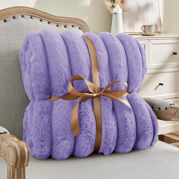 BEDELITE Faux Fur Throw Blanket for Couch, Soft and Cozy Luxurious 3D Striped Fluffy Blanket, 770GSM Thick Warm Plush Fuzzy Faux Rabbit Fur Blanket for Women Gift (Lavender, 60"x 80")